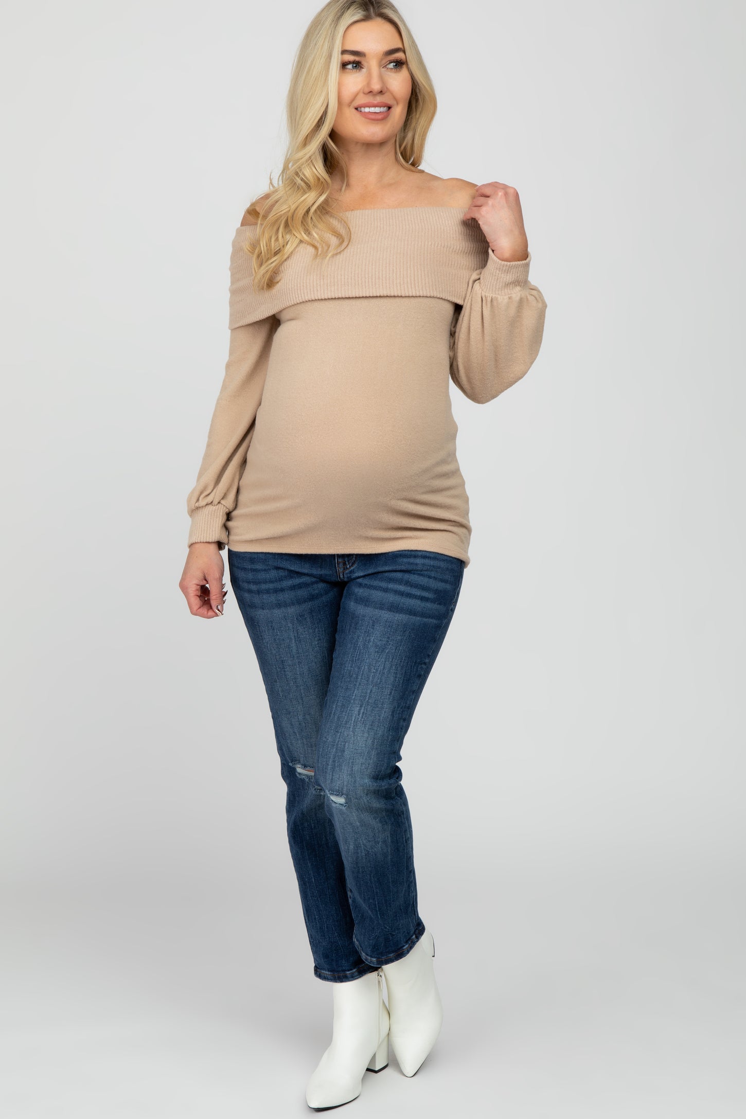 Taupe Soft Brushed Off Shoulder Fitted Maternity Top
