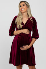 Burgundy Velvet Wrap Front Babydoll Maternity Dress