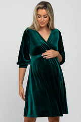 Green Velvet Wrap Front Babydoll Maternity Dress