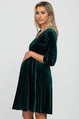 Green Velvet Wrap Front Babydoll Maternity Dress