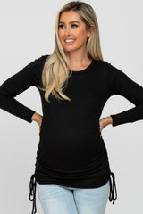Black Ribbed Ruched Tie Maternity Top