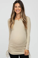 Taupe Ribbed Ruched Tie Maternity Top
