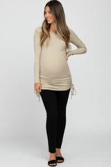 Taupe Ribbed Ruched Tie Maternity Top