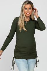 Olive Ribbed Ruched Tie Maternity Top