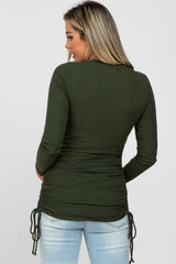 Olive Ribbed Ruched Tie Maternity Top