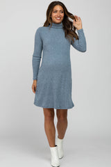 Blue Ribbed Turtleneck Maternity Dress