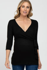 Black Brushed Knit Maternity Wrap Top