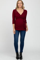 Burgundy Brushed Knit Maternity Wrap Top