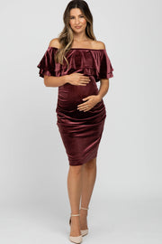 Mauve Velvet Off Shoulder Fitted Maternity Dress
