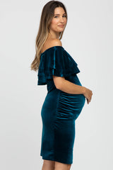 Teal Velvet Off Shoulder Fitted Maternity Dress
