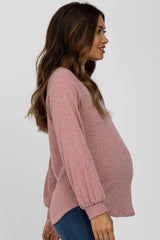 Pink Marled V-Neck Long Sleeve Maternity Top