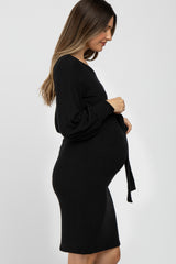 Black Soft Brushed Waist Tie Bubble Sleeve Maternity Dress