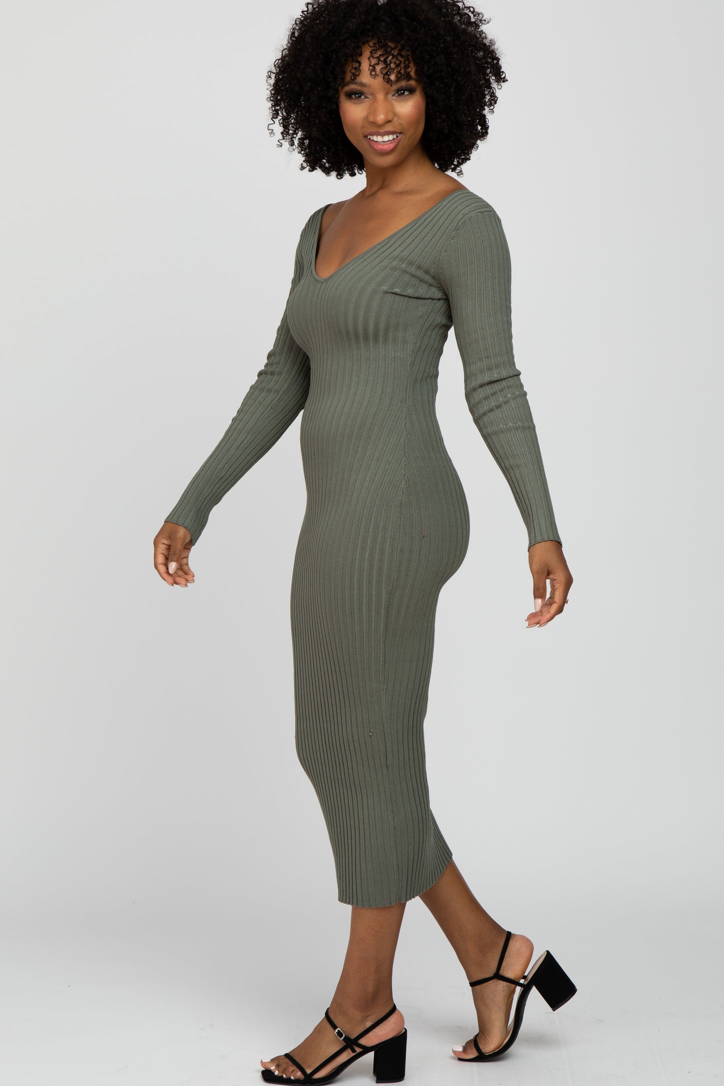 Light Olive V-Neck Long Sleeve Fitted Maxi Dress