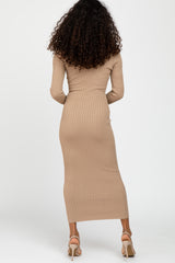 Light Brown V-Neck Long Sleeve Fitted Maxi Dress