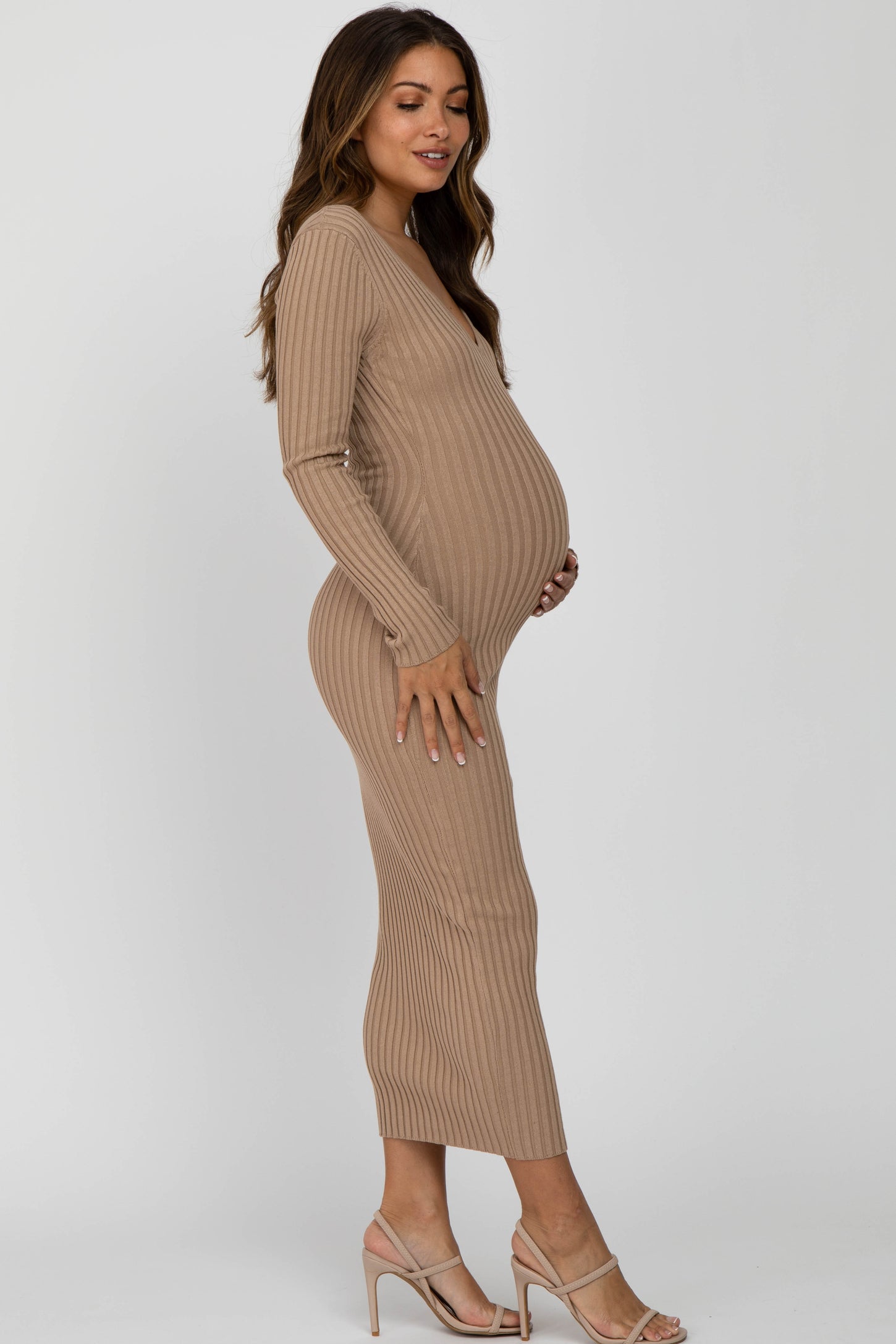 Light Brown V-Neck Long Sleeve Fitted Maternity Maxi Dress