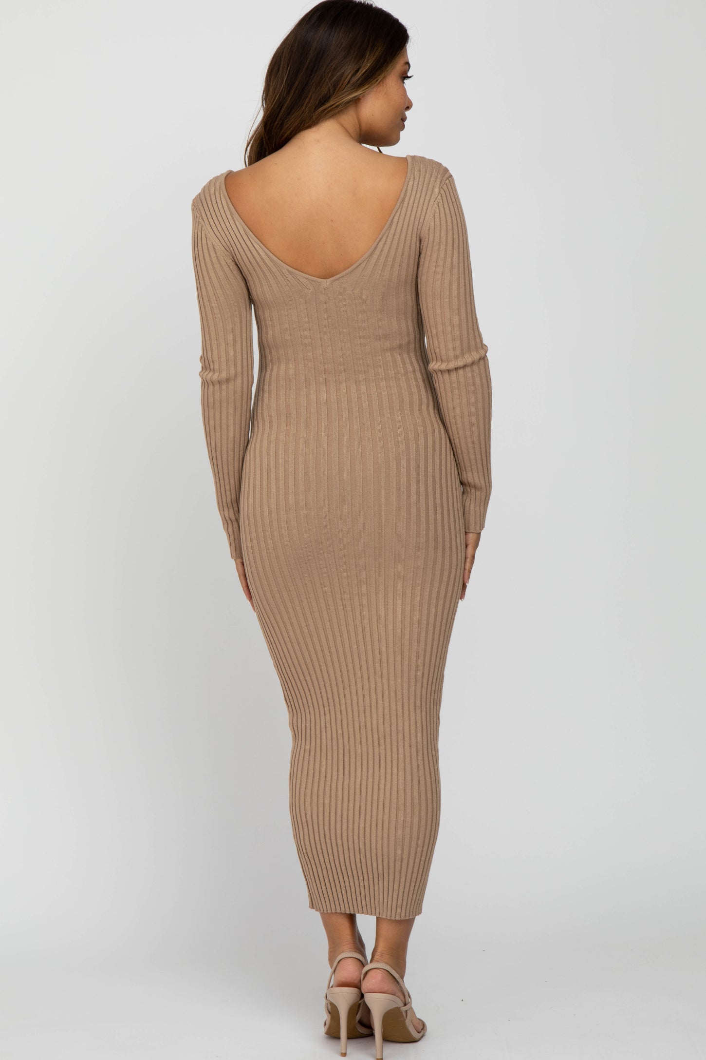 Light Brown V-Neck Long Sleeve Fitted Maternity Maxi Dress