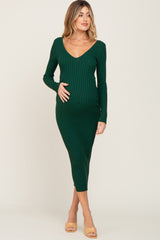 Forest Green V-Neck Long Sleeve Fitted Maternity Maxi Dress