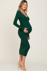 Forest Green V-Neck Long Sleeve Fitted Maternity Maxi Dress