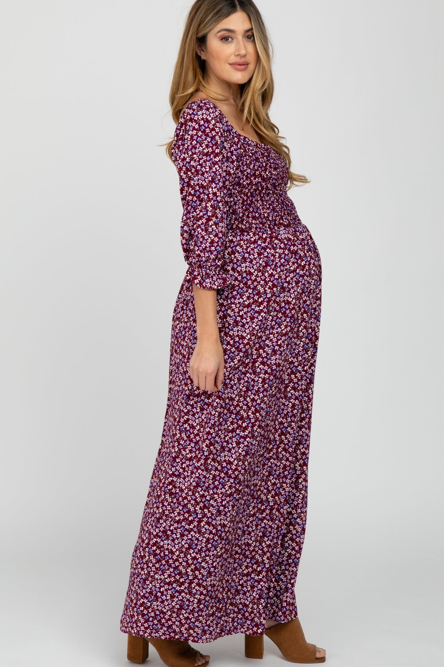 Burgundy Floral Smocked Maternity Maxi Dress – PinkBlush