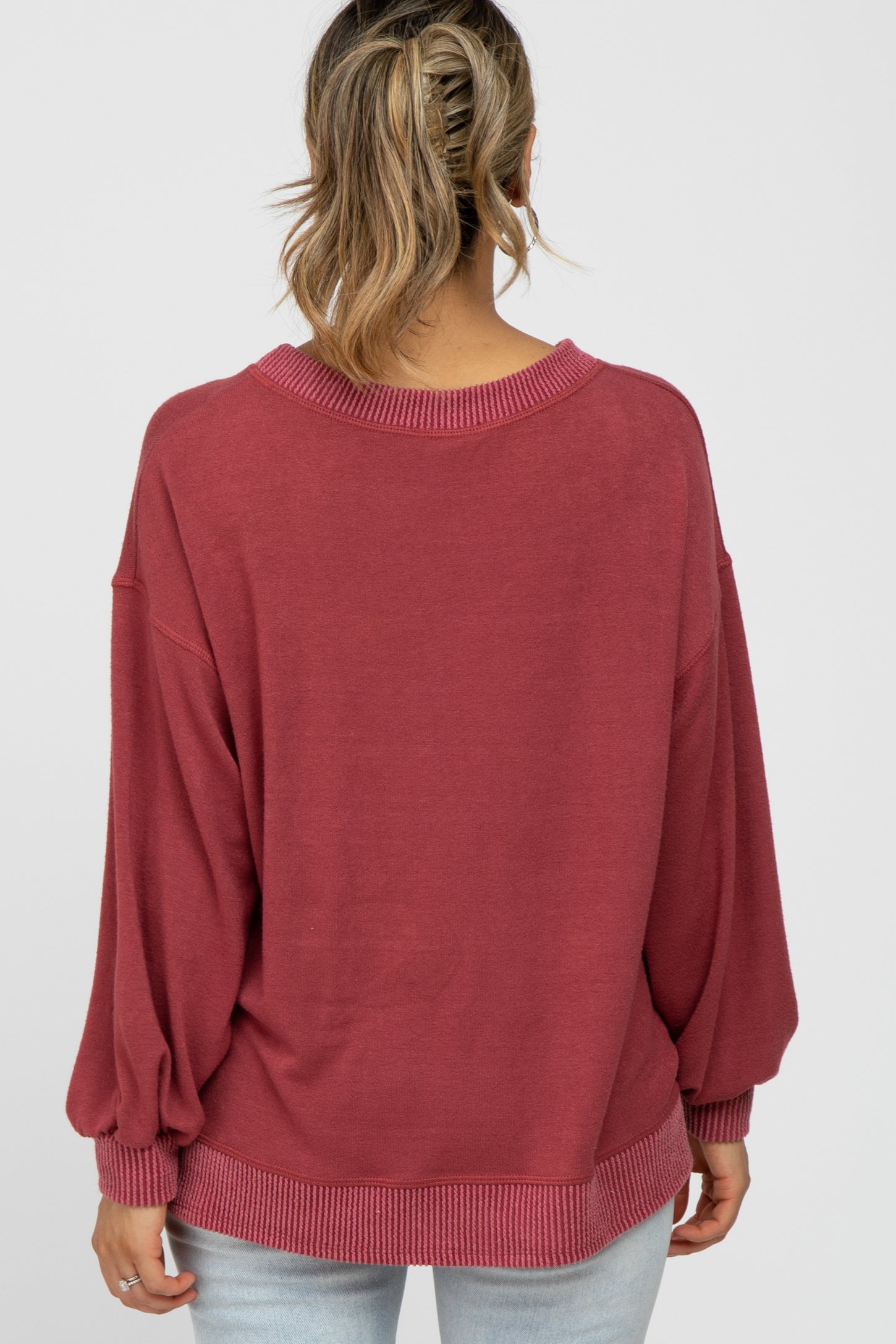 Red Long Sleeve Ribbed Accent Top