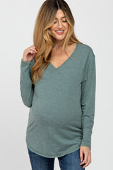 Light Olive Heathered Long Sleeve V Neck Maternity Top