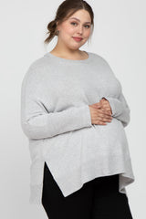 Heather Grey Soft Brushed Knit Dolman Sleeve Side Slit Maternity Plus Top