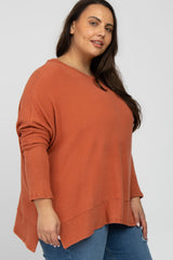 Orange Soft Brushed Knit Dolman Sleeve Side Slit Plus Top