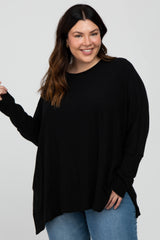 Black Soft Brushed Knit Dolman Sleeve Side Slit Plus Top