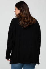 Black Soft Brushed Knit Dolman Sleeve Side Slit Plus Top