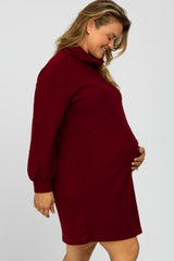 Burgundy Brushed Rib Turtleneck Maternity Plus Dress