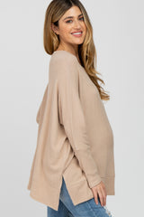 Beige Soft Brushed Knit Dolman Sleeve Side Slit Maternity Top