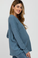 Blue Ribbed Split Neck Maternity Knit Top