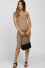 Taupe Mock Neck Cutout Fitted Maternity Dress