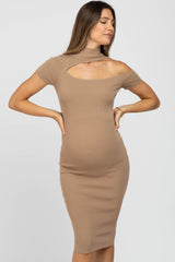 Taupe Mock Neck Cutout Fitted Maternity Dress