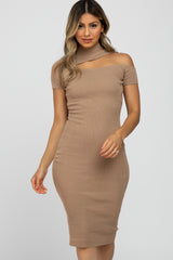 Taupe Mock Neck Cutout Fitted Dress