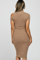 Taupe Mock Neck Cutout Fitted Dress