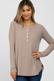 Taupe Button Accent Long Sleeve Top