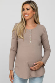 Taupe Button Accent Long Sleeve Maternity Top