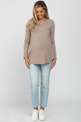 Taupe Button Accent Long Sleeve Maternity Top