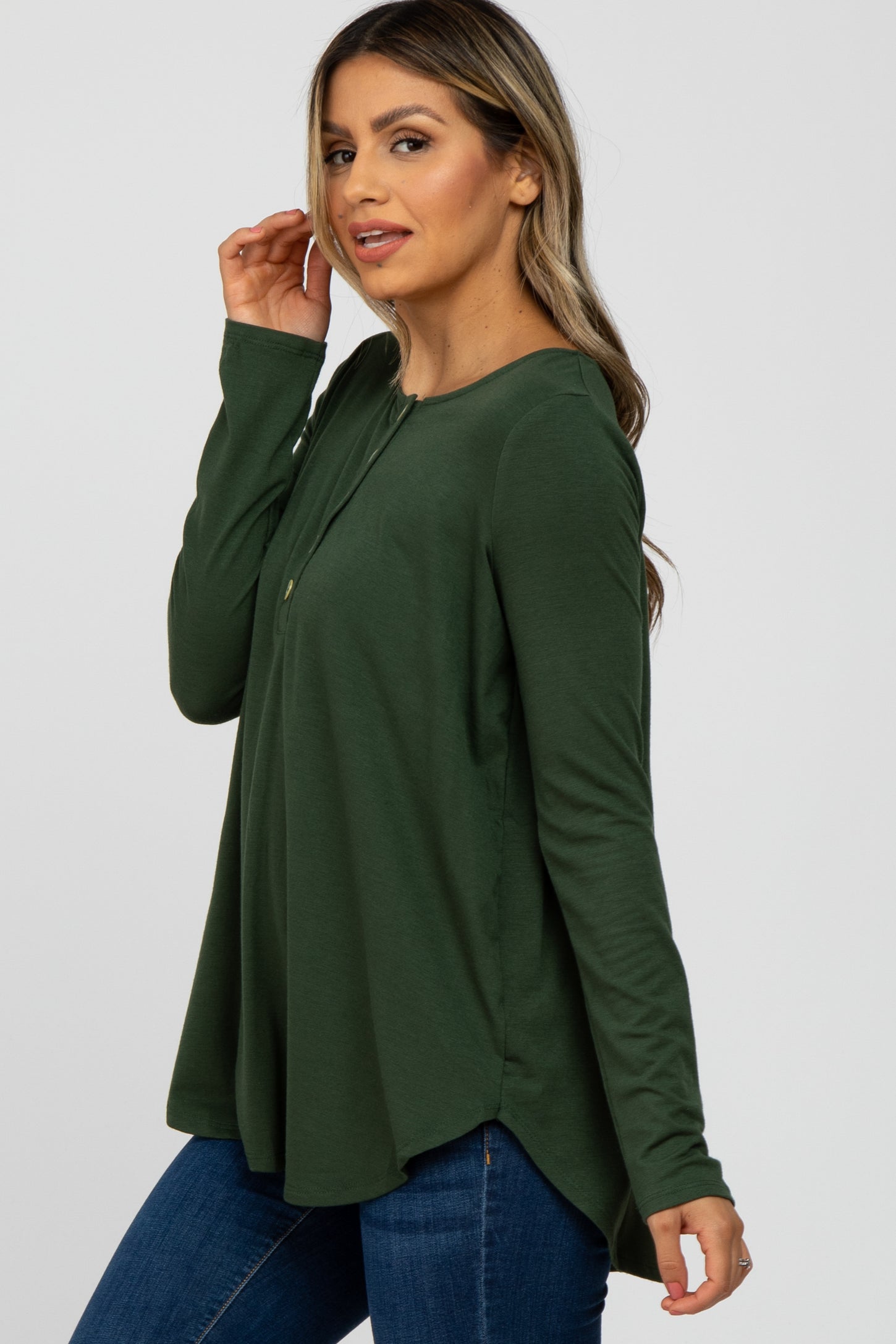 Olive Button Accent Long Sleeve Top