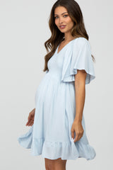 Light Blue Smocked Front Ruffle Hem Maternity Dress