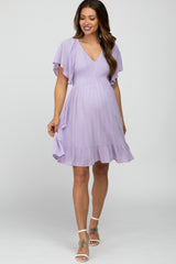 Lavender Smocked Front Ruffle Hem Maternity Dress