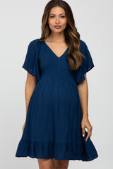 Navy Blue Smocked Front Ruffle Hem Maternity Dress