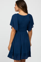 Navy Blue Smocked Front Ruffle Hem Maternity Dress