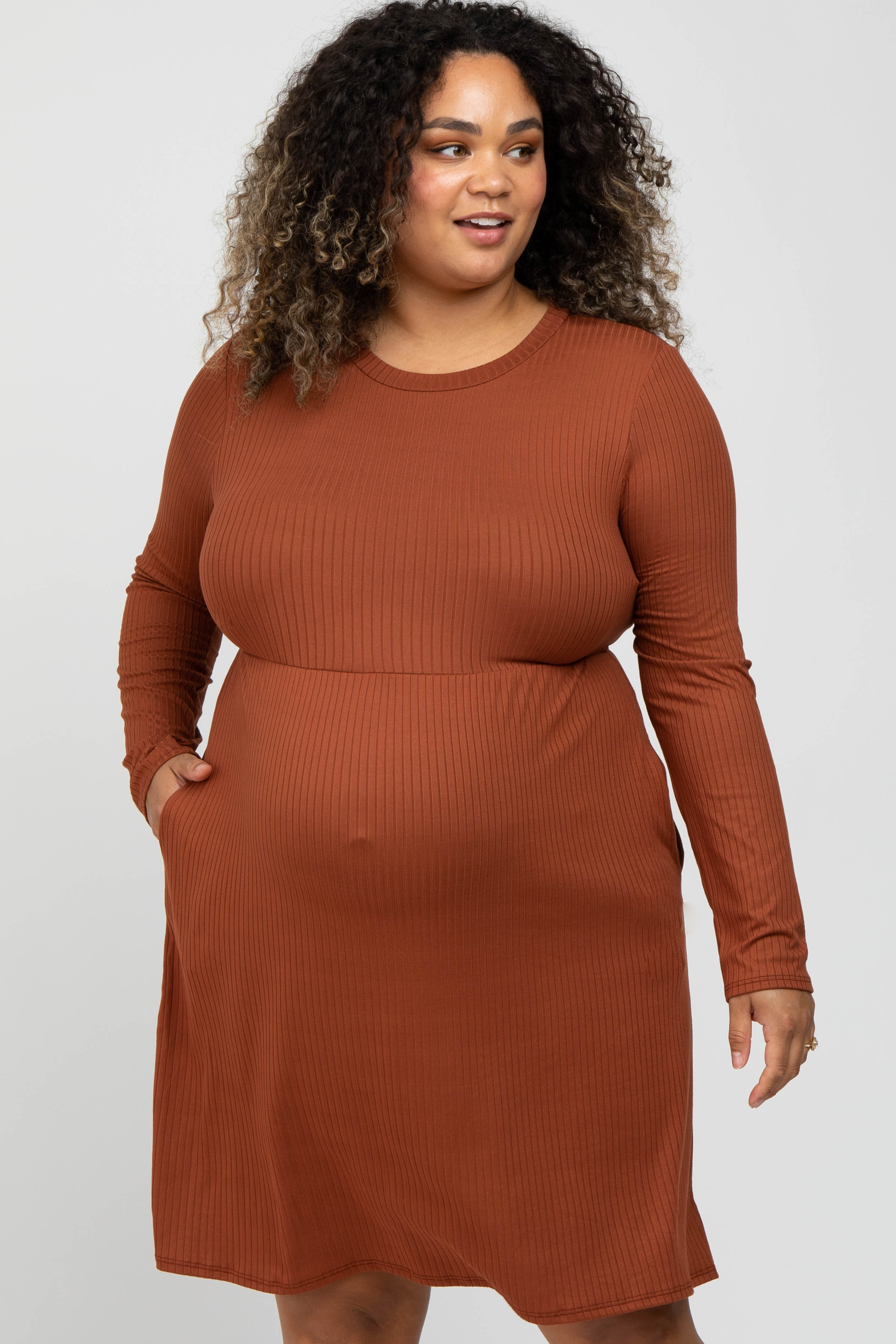 Rust Ribbed Long Sleeve Plus Maternity Dress PinkBlush Rust Ribbed Long Sleeve Plus Maternity Dress PinkBlush