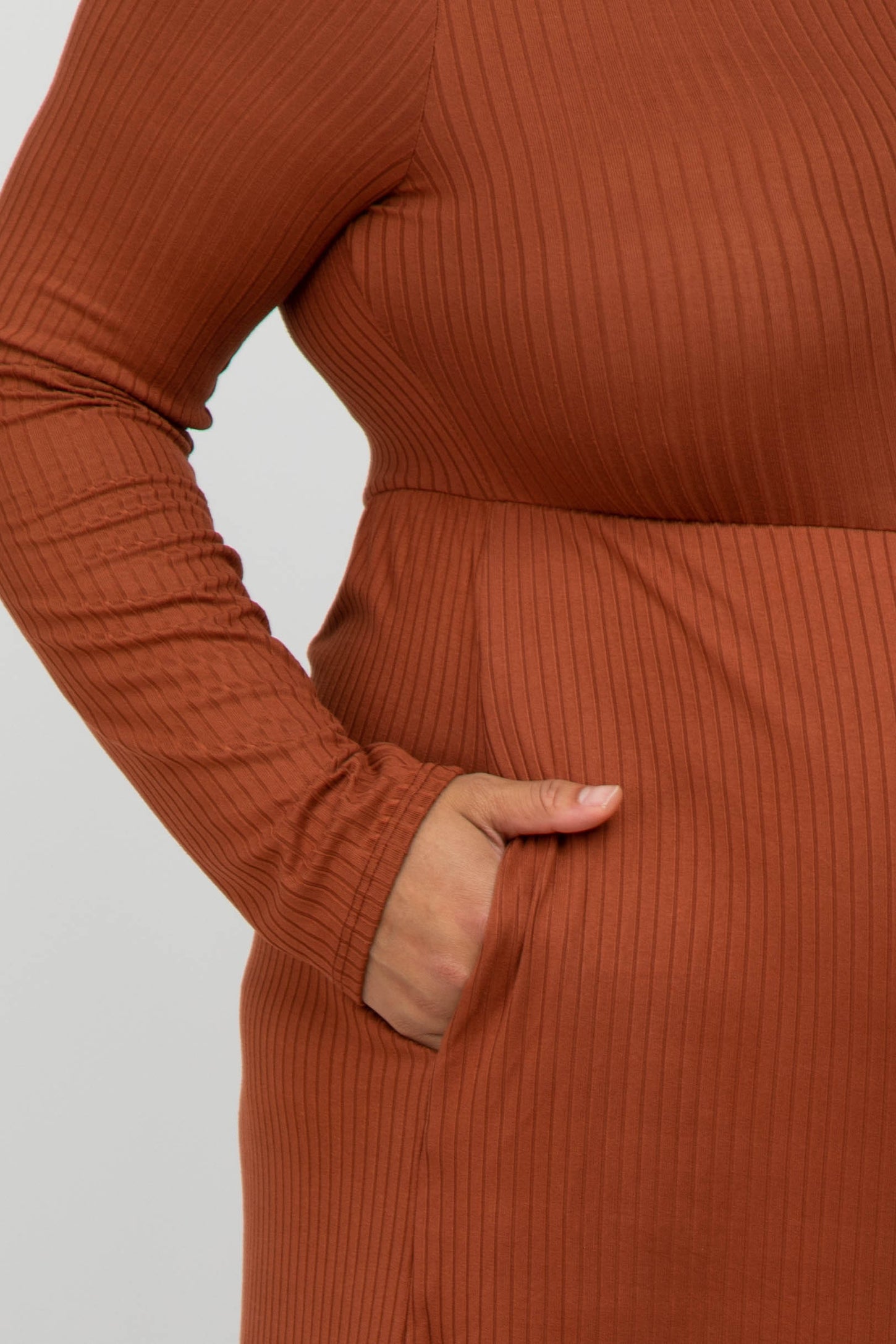 Rust Ribbed Long Sleeve Plus Maternity Dress