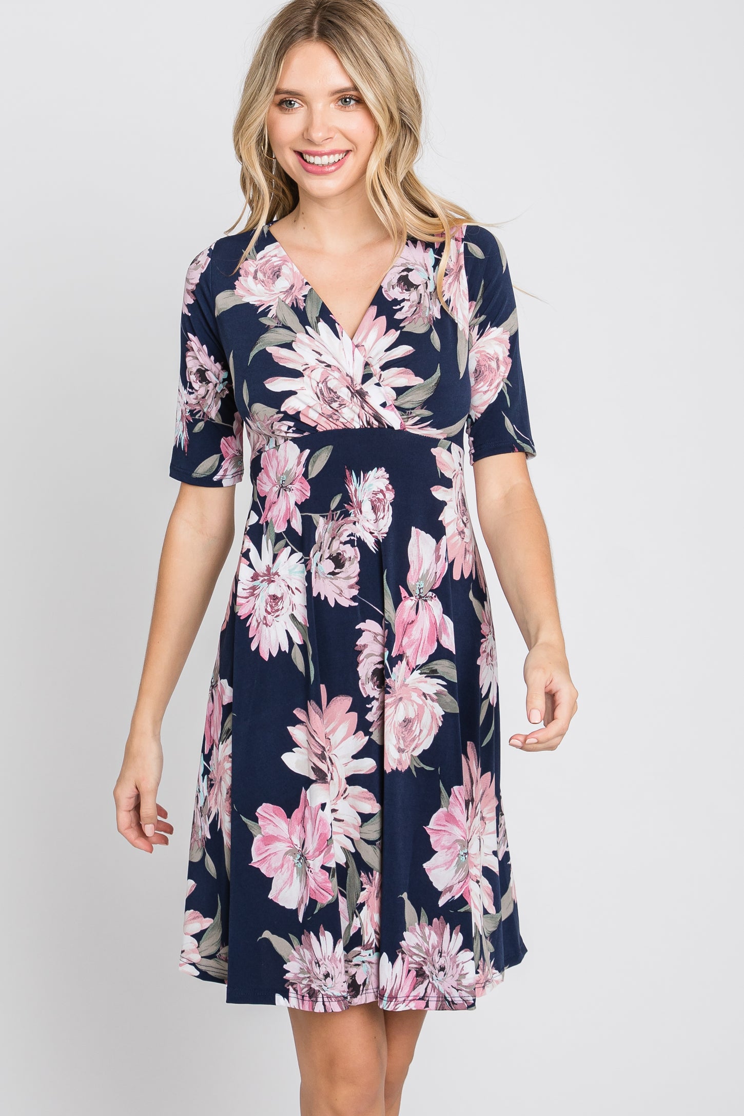 Navy Blue Floral Wrap Front Dress– PinkBlush