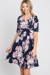 Navy Blue Floral Wrap Front Maternity Dress