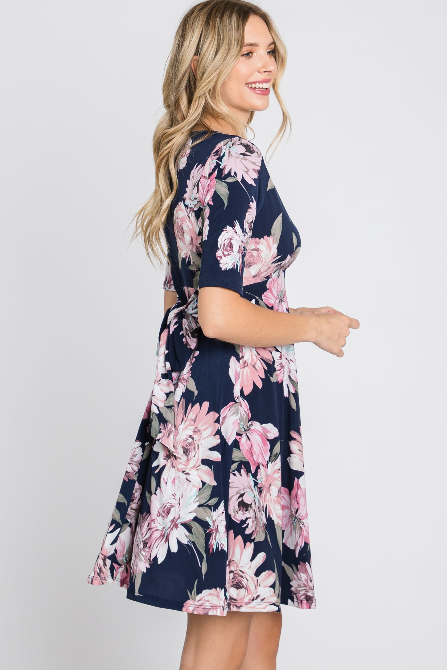 Navy Blue Floral Wrap Front Dress – PinkBlush
