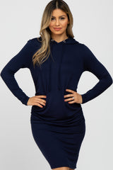 Navy Blue Ruched Hooded Dress
